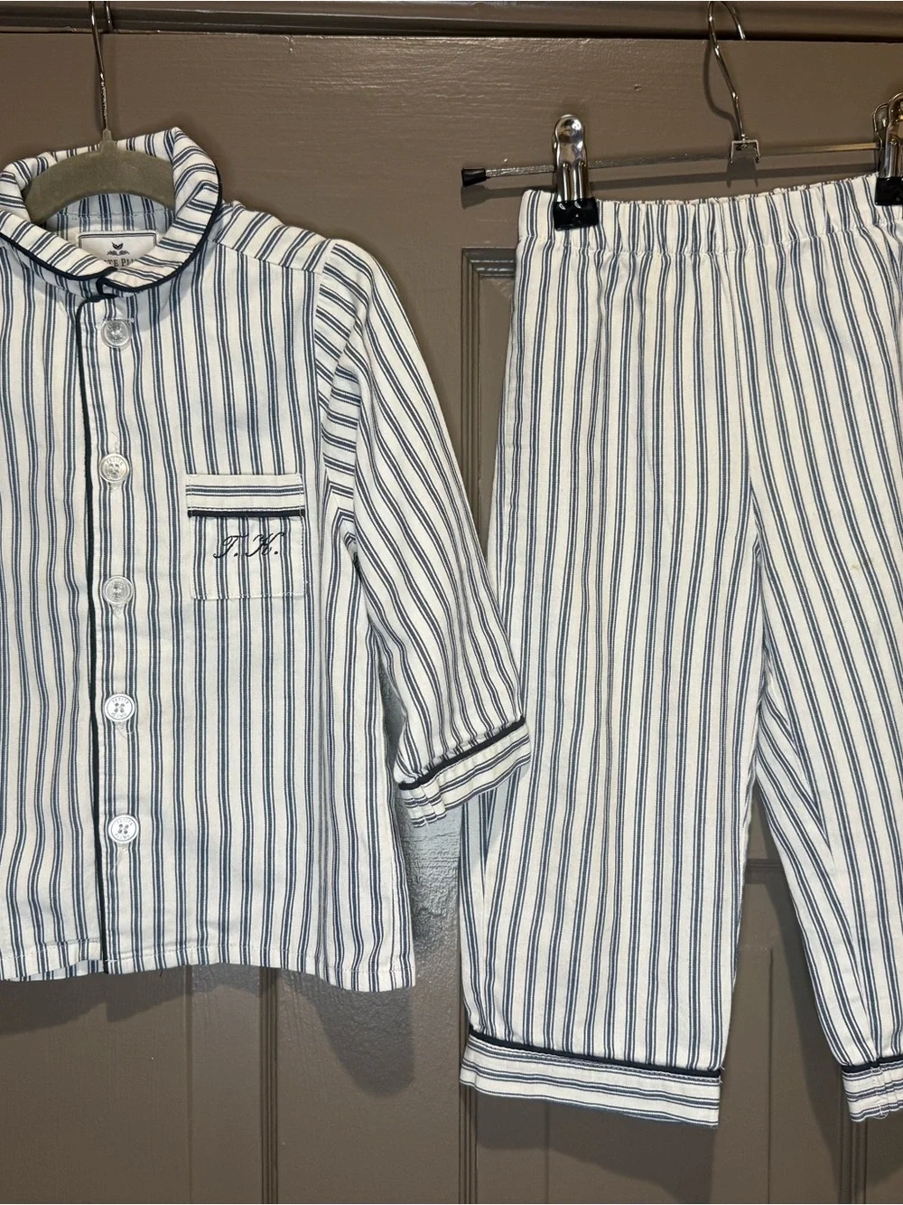 Petite Plume Kid’s Twill Pajama Set in French Navy Ticking 2T